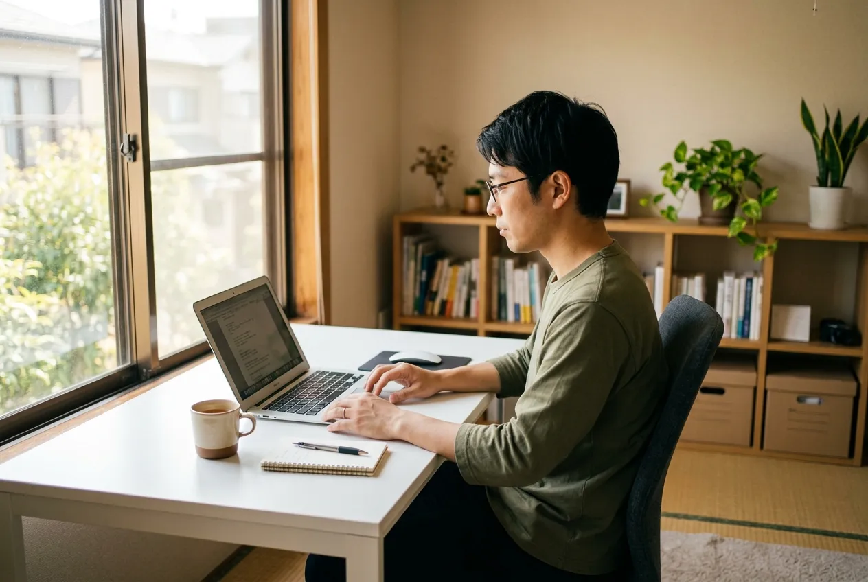 自宅のデスクでノートPCに向かって訓練に取り組む受講生のイメージ