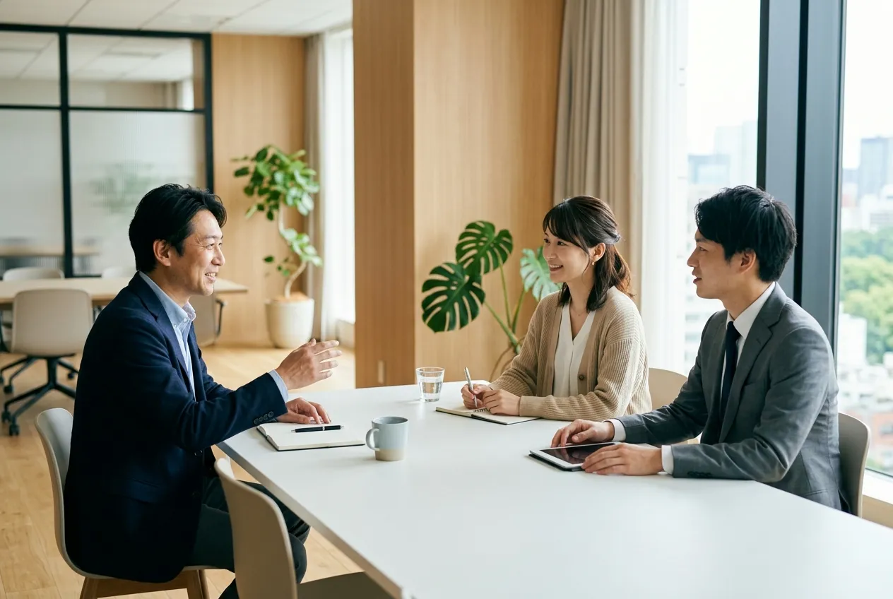 オフィスで採用について打ち合わせをする企業担当者のイメージ