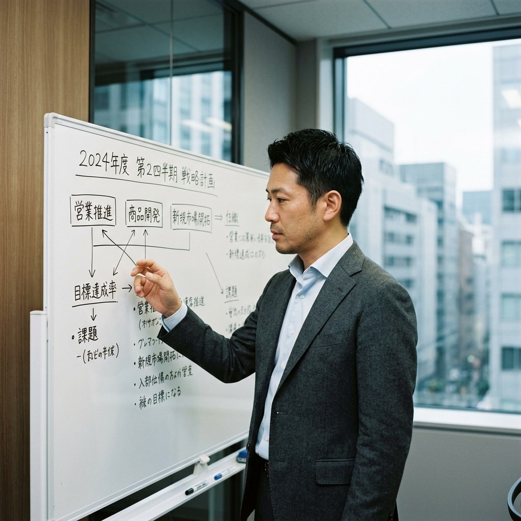 経営会議室でホワイトボードに向かう経営視点のメンバー