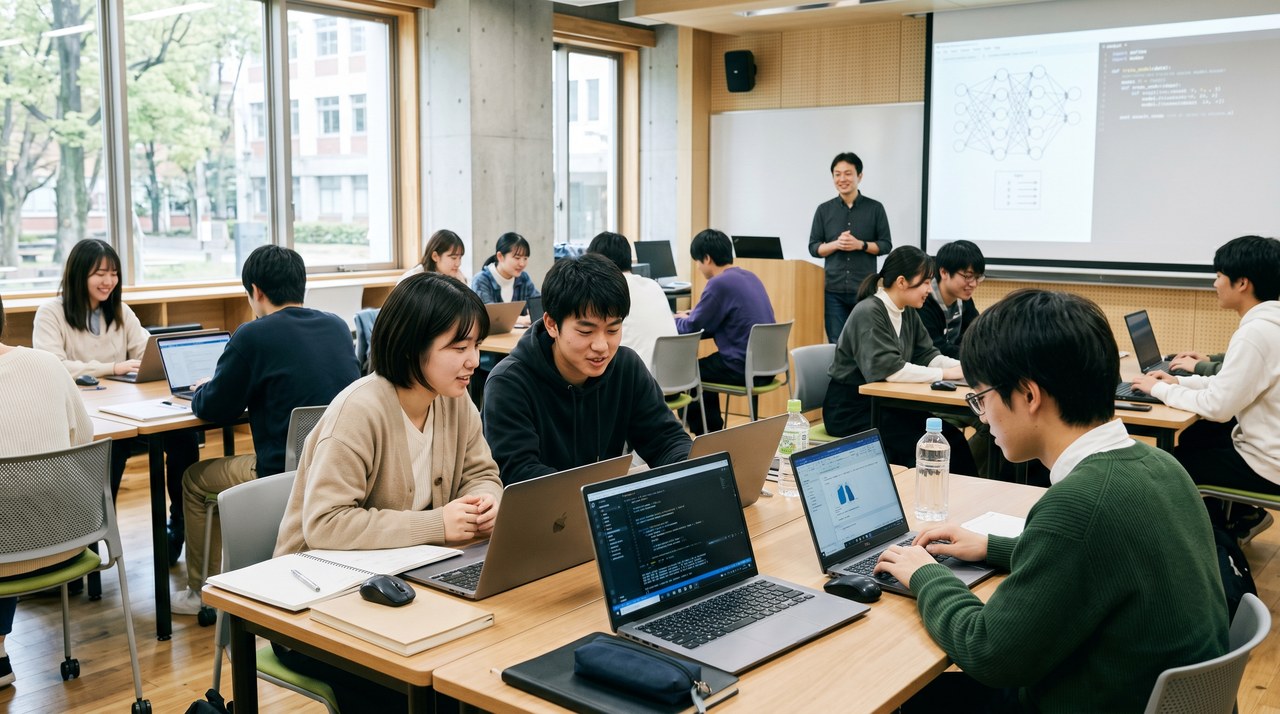 中高生がグループでAI課題に取り組むワークショップシーン