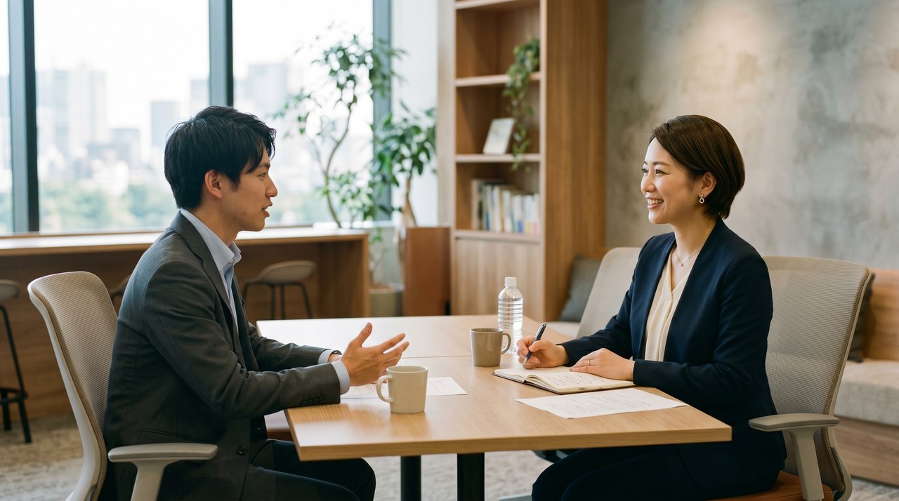 訓練後に企業面接を受ける参加者の明るい表情のシーン