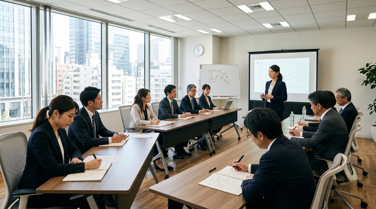 2人の受講生が研修テキストを前に話し合うシーン