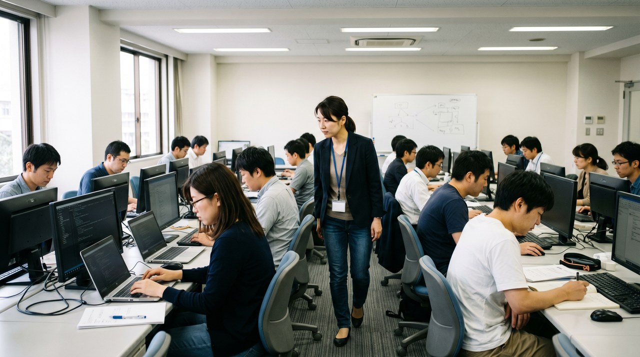 オンライン学習画面を真剣に見る訓練参加者のシーン