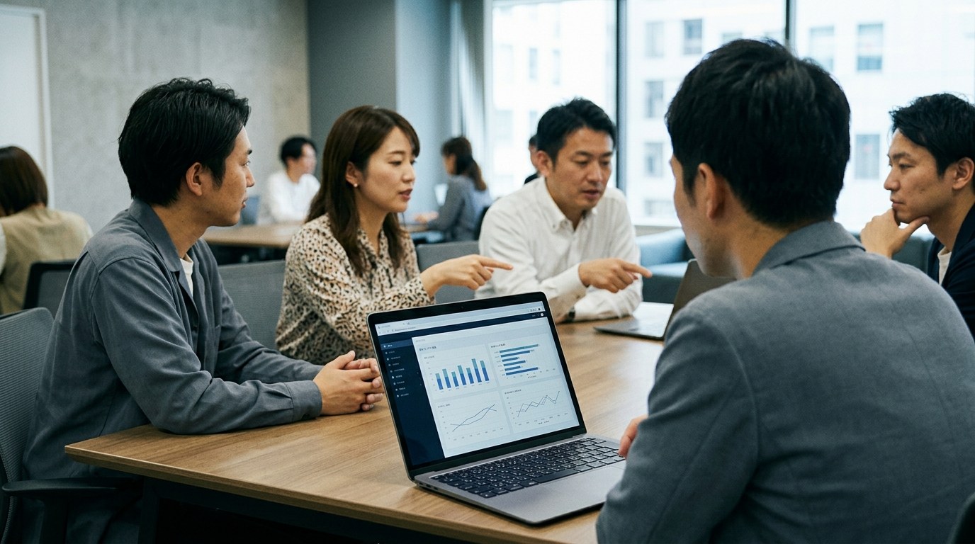 企業内で AI ダッシュボードを前に議論するチームのシーン