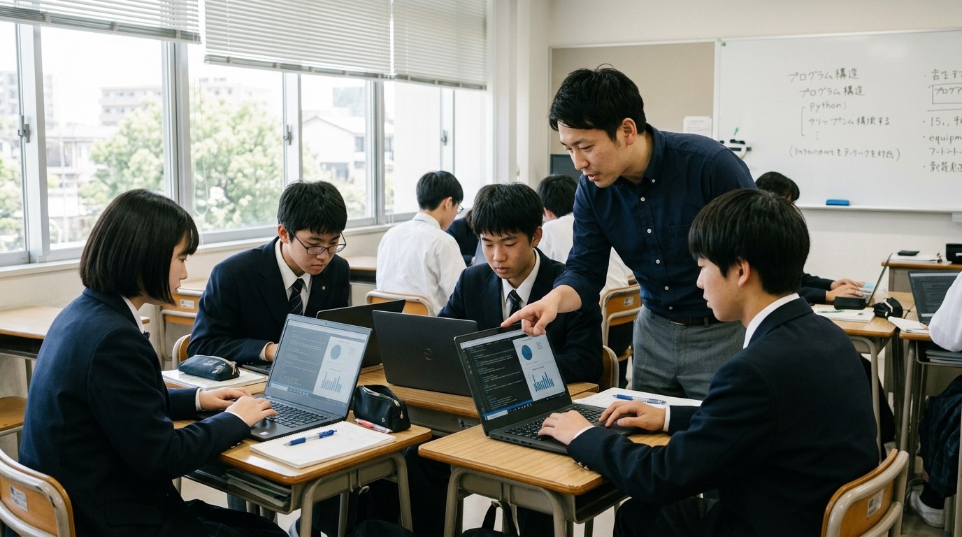 高校生がノート PC で学ぶ教育現場のシーン