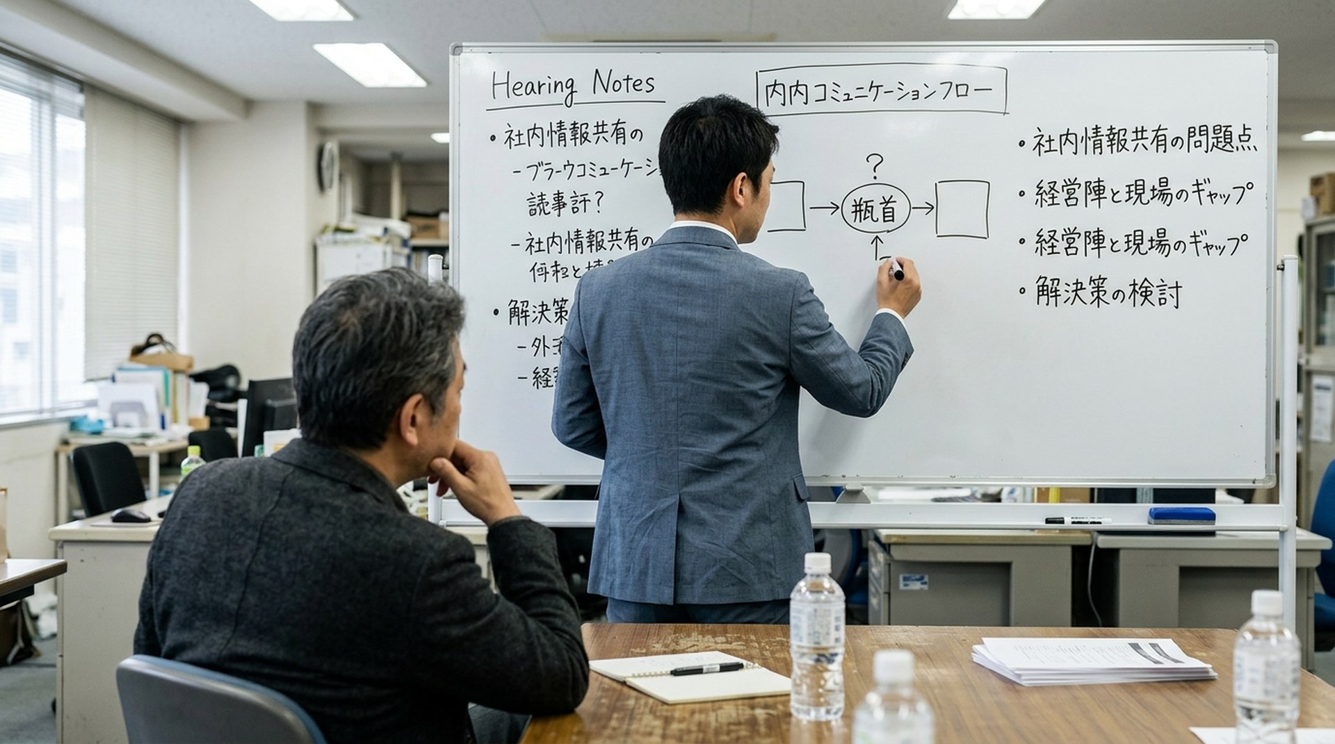 顧問がホワイトボードにヒアリング論点を書き、経営者が背中越しに聴き入る様子
