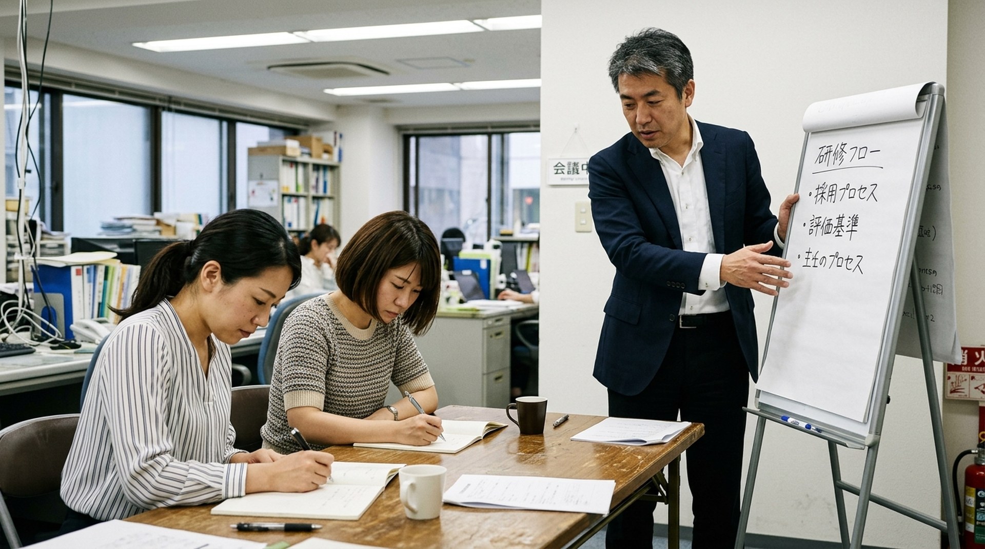 顧問が人事担当者2名にフリップチャートを使ってレクチャーする様子