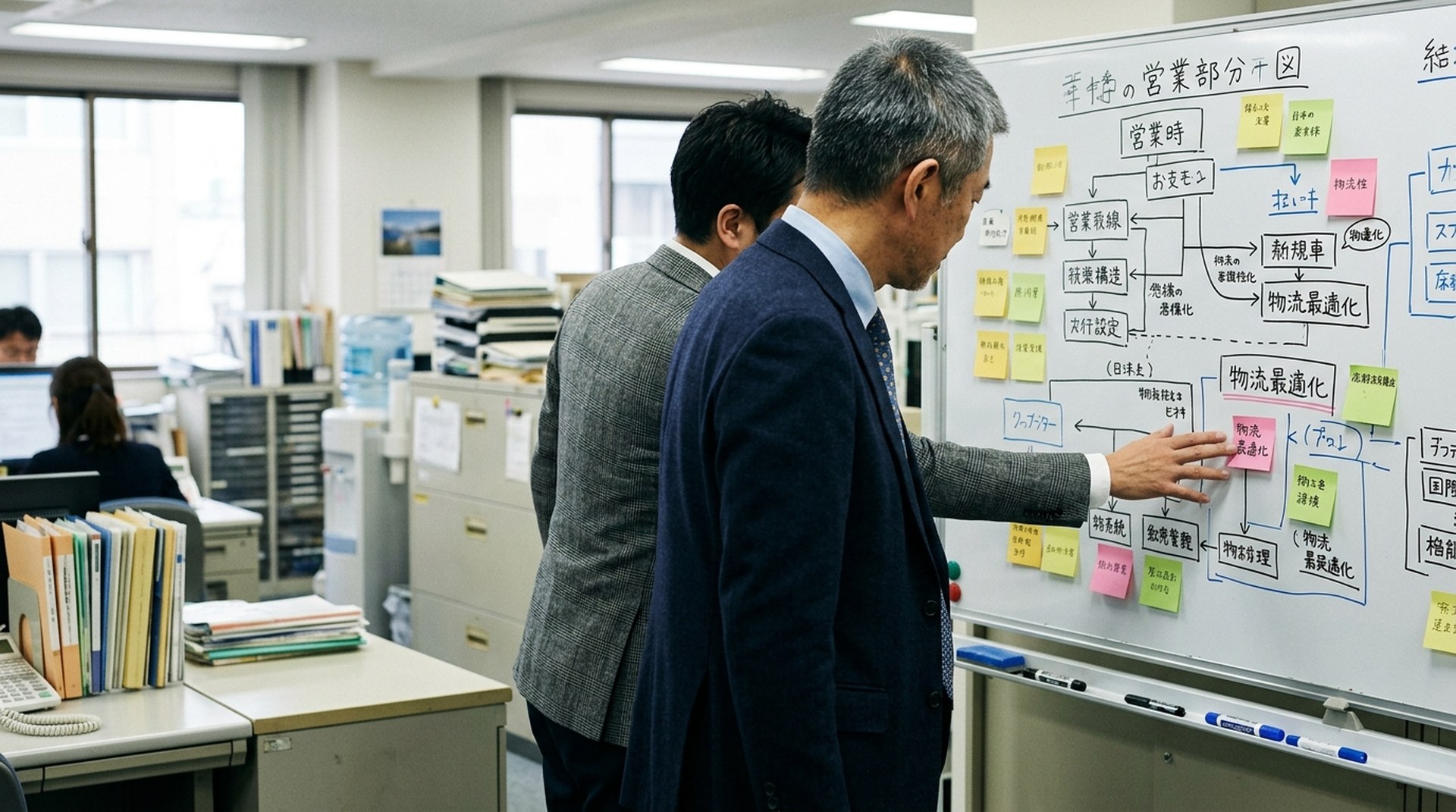 ホワイトボードに業務フロー図を描き経営者に説明する顧問