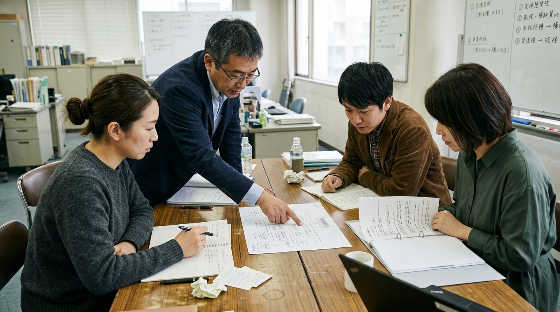 顧問と部署マネージャーが組織図を前に調整する会議
