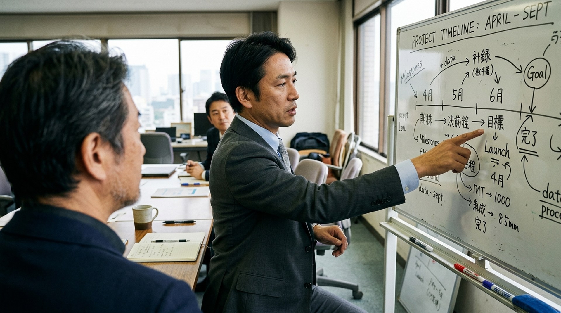 ホワイトボードに進行プロセスを描き、経営者に説明する顧問の横顔