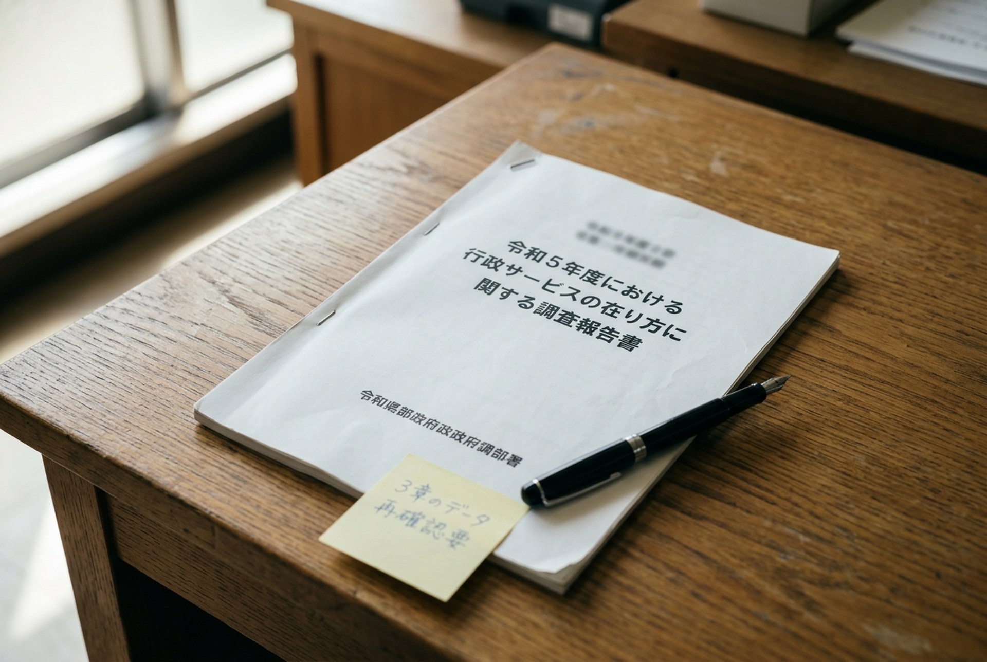 厚生労働省 障害者雇用実態調査の白書類と万年筆の俯瞰