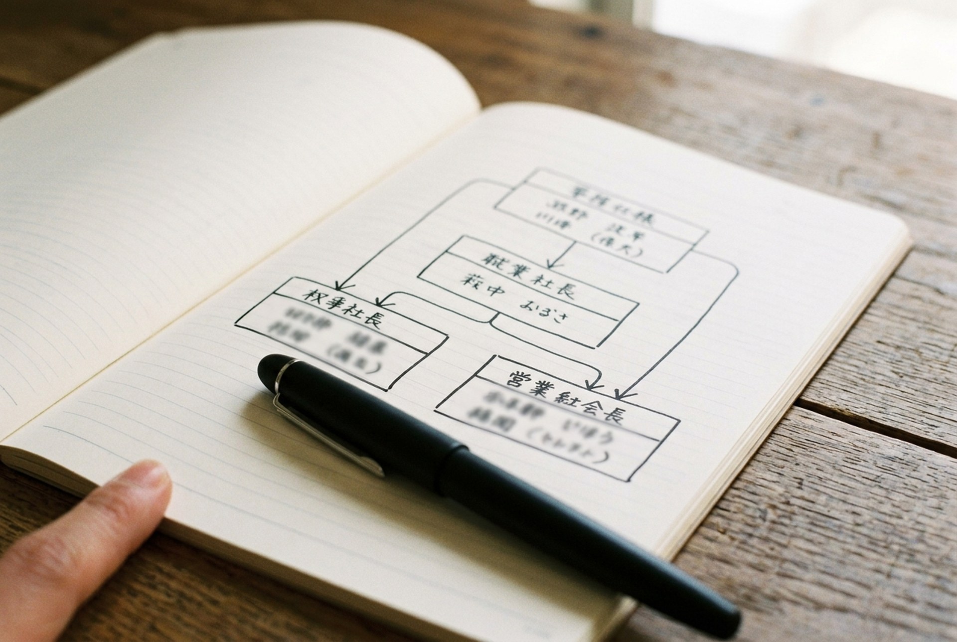 ノートに手書きで描かれた 3 視点の組織図